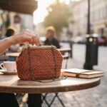 Πλεκτή clutch τσάντα NOSTALGIA σε café table lifestyle φωτογράφιση με vintage αισθητική
