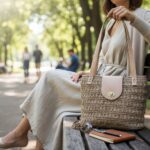 Μπεζ πλεκτή tote τσάντα DAPHNE συνδυασμένη με relaxed καλοκαιρινό outfit