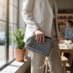 Γυναίκα με πλεκτή clutch τσάντα SIENNA σε elegant office look