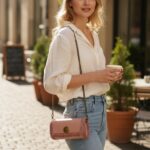 Πλεκτή τσάντα dusty pink ROSETTE φορεμένη σε elegant καθημερινό look