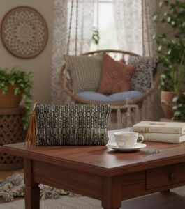υφαντό τσαντάκι clutch σε Boho περιβάλλον