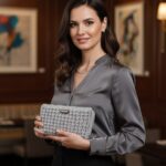 Γυναικείο πλεκτό πορτοφόλι σε ασημί γκρι απόχρωση κρατημένο στο χέρι
