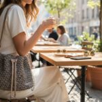 Γυναικείο καθημερινό outfit με πλεκτό πουγκί CLEO σε neutral αποχρώσεις