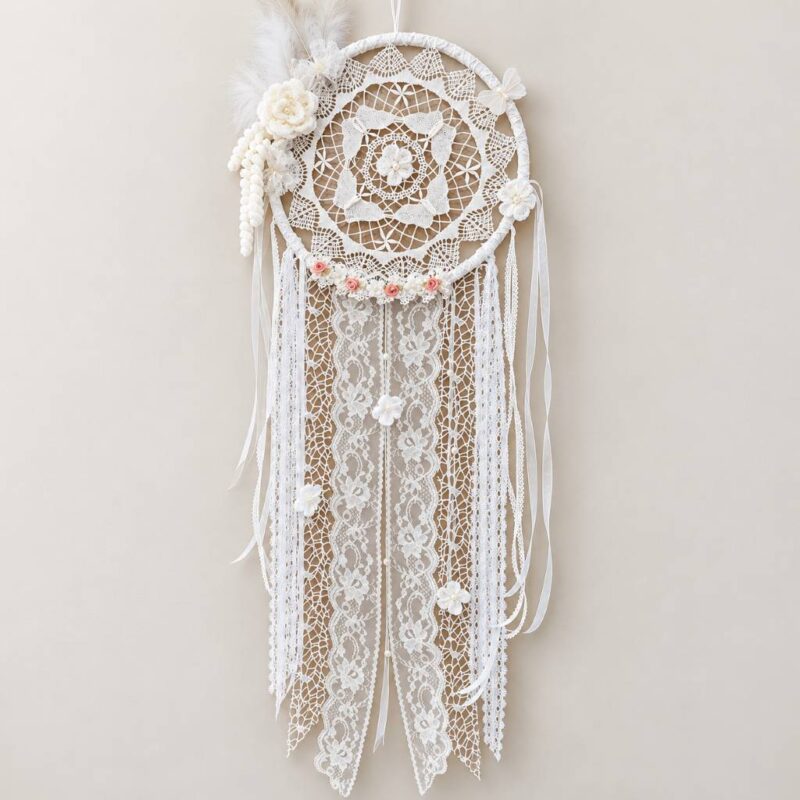 Λευκή ονειροπαγίδα με δαντέλα WHITE WHISPER και πλεκτά λουλούδια