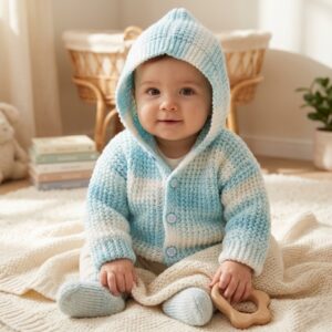 Μωρό φοράει πλεκτό ζακετάκι BLUEBOO μπλε λευκό σε ζεστή καθημερινή εμφάνιση