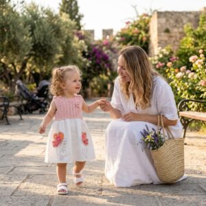 Κοριτσάκι με πλεκτό φορεματάκι ARTILIA ροδακινί και λευκό σε καλοκαιρινό εξωτερικό χώρο
