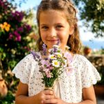 Κοριτσάκι που φοράει πλεκτό ζακετάκι LUCIA λευκό σε καλοκαιρινό σκηνικό