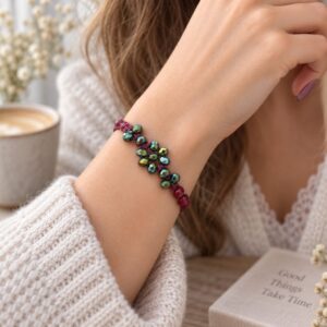 Macrame βραχιόλι MAYA BORDEAUX φορεμένο σε κομψό καθημερινό look