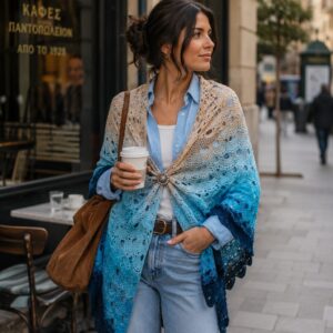 Πλεκτή εσάρπα OCEANE σε urban εμφάνιση με μπεζ και μπλε ombre χρώματα