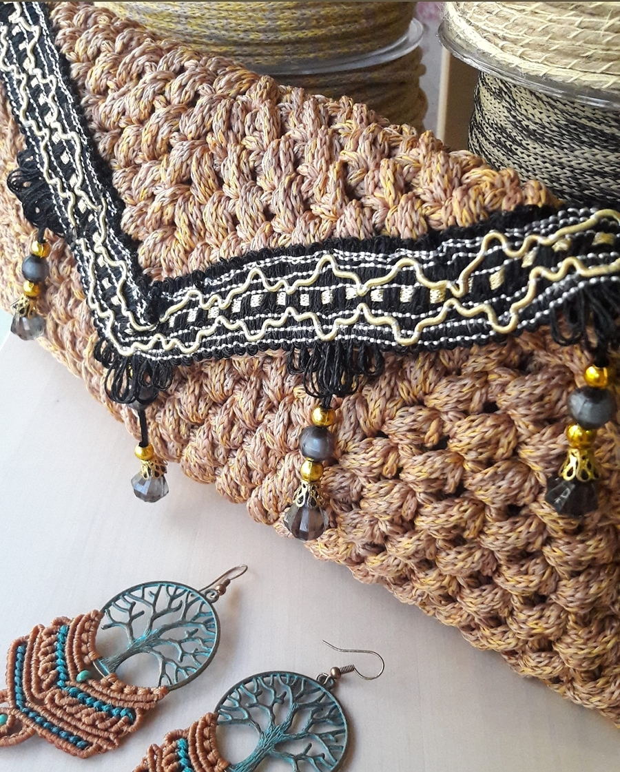 χειροποίητο πλεκτό clutch με macrame σκουλαρίκια MINTY