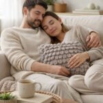 Χειροποίητο πλεκτό μαξιλάρι TAUPELOO σε cozy στιγμή χαλάρωσης στο καθιστικό