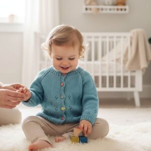 Μωρό που φορά πλεκτή ζακέτα RAFI σε γαλάζιο χρώμα ενώ παίζει με ξύλινα παιχνίδια