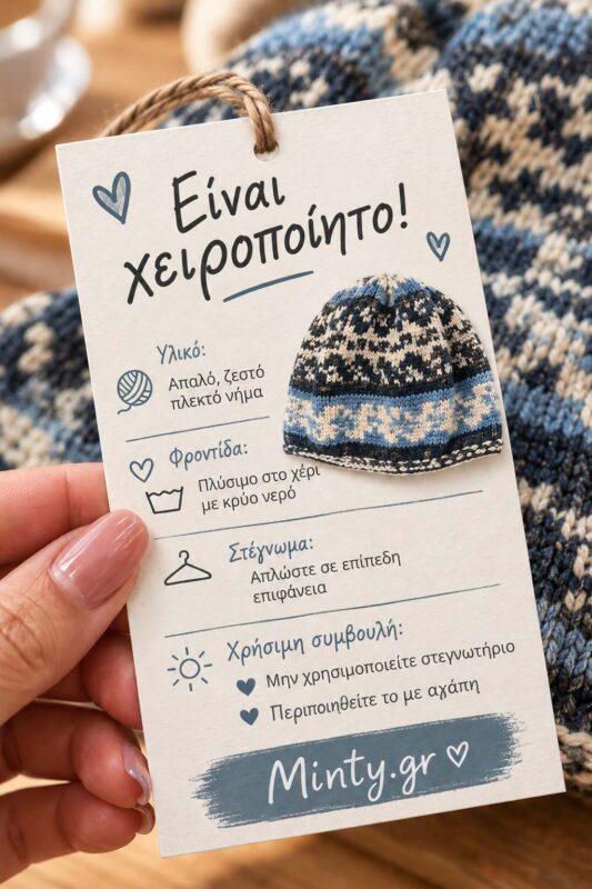 Καρτελάκι φροντίδας για χειροποίητα πλεκτά Minty.gr με οδηγίες για πλύσιμο στο χέρι, στέγνωμα σε επίπεδη επιφάνεια και προσεκτική περιποίηση.