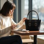 Πλεκτή μαύρη τσάντα CELESTE NOIR σε premium café lifestyle σκηνικό