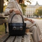 Πλεκτή μαύρη τσάντα CELESTE NOIR σε καθημερινό premium lifestyle σκηνικό