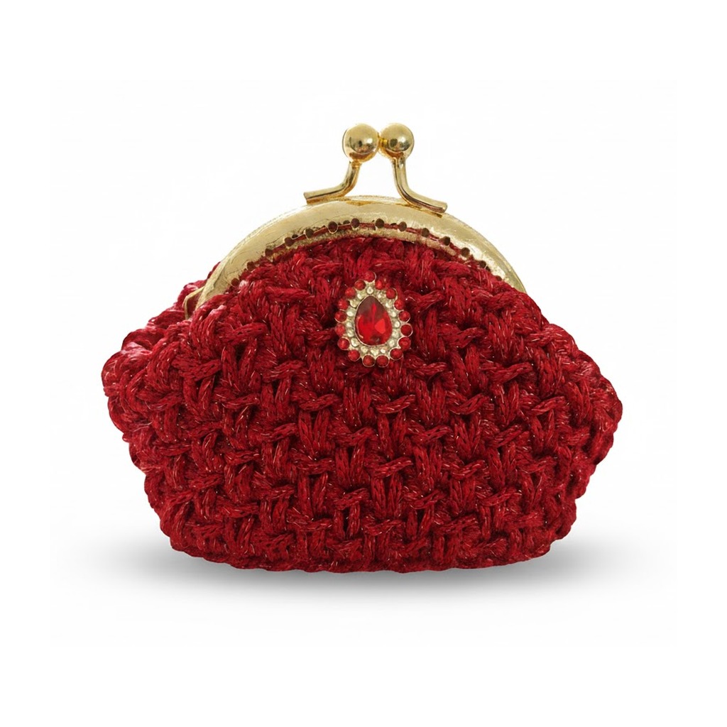 crochet-red-coin-purse-scarlet-front Κόκκινο πλεκτό πορτοφολάκι για κέρματα SCARLET με χρυσό κούμπωμα κλικ κλακ