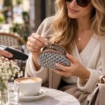 Ασημί πλεκτό πορτοφολάκι για κέρματα EFROSINI σε café, κρατημένο στο χέρι