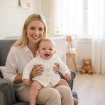 Μωρό που φορά χειροποίητη λευκή ζακέτα MILKY σε minimal εσωτερικό χώρο