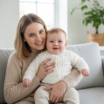 Μωρό με λευκή πλεκτή ζακέτα MILKY στην αγκαλιά της μητέρας σε φωτεινό χώρο