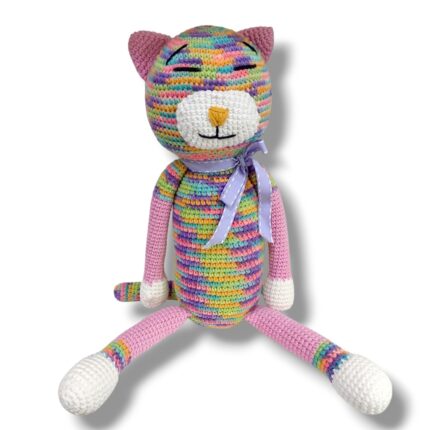 Χειροποίητο πλεκτό γατάκι amigurumi MEOW σε ζωηρές πολύχρωμες αποχρώσεις