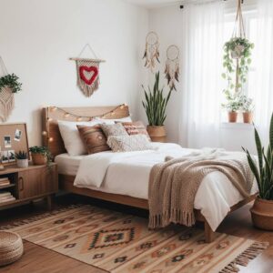 Macrame τοίχου με καρδιά HEART σε boho υπνοδωμάτιο