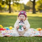 Μωρό φορά βρεφικό πλεκτό σκουφάκι LILLY με παστέλ καρδιές σε εξωτερικό χώρο