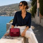 Γυναίκα με μπορντό πλεκτή τσάντα COLETTE σε elegant resort εμφάνιση δίπλα στη θάλασσα