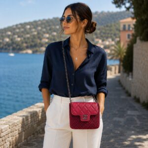 Μπορντό πλεκτή τσάντα COLETTE σε elegant resort εμφάνιση