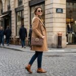 Η πλεκτή καφέ τσάντα ZANNA σε chic καθημερινό styling στην πόλη