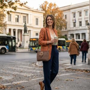Γυναίκα που φορά την πλεκτή καφέ τσάντα ZANNA σε elegant city look