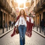 Πλεκτή τριγωνική εσάρπα Burgundy MERLOT με κρόσια σε boho chic εμφάνιση πόλης