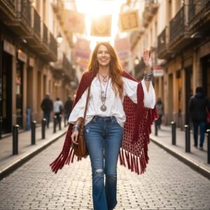 Πλεκτή τριγωνική εσάρπα Burgundy MERLOT με κρόσια σε boho chic εμφάνιση πόλης