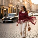 Πλεκτή μπορντό εσάρπα MERLOT σε urban chic εμφάνιση.
