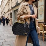 Η πλεκτή τσάντα χειρός ELEGANCE NOIR φορεμένη σε elegant city look
