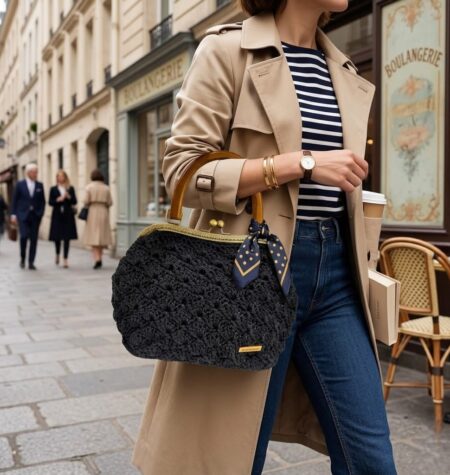 Η πλεκτή τσάντα χειρός ELEGANCE NOIR φορεμένη σε elegant city look