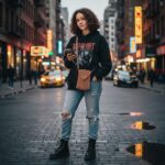 Πλεκτό τσαντάκι CARAMEL φορεμένο χιαστί με casual street outfit