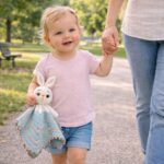 παιδάκι κρατά πλεκτό νάνι λαγουδάκι amigurumi στο πάρκο
