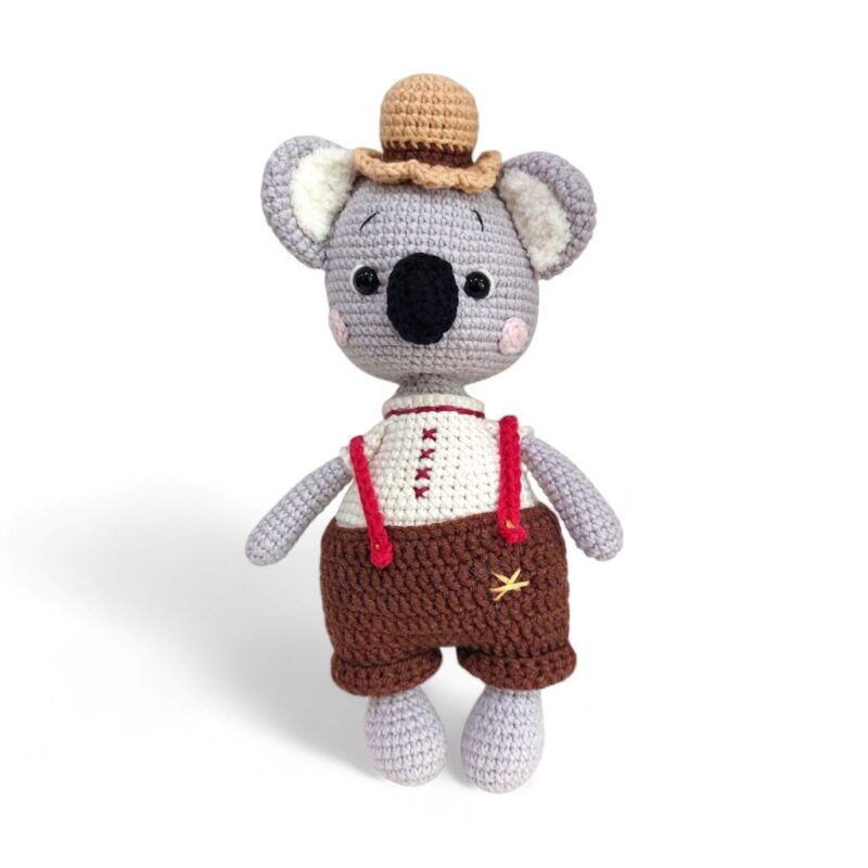 Χειροποίητο πλεκτό koala amigurumi KODI με καπέλο σε γκρι, εκρού και καφέ αποχρώσεις
