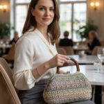 Γυναίκα με την πλεκτή retro τσάντα SELENE σε elegant café setting