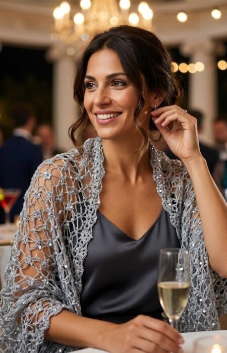 Χειροποίητη γκρι πασμίνα με παγιέτες SYLVIA φορεμένη