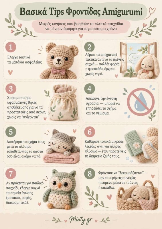 Infographic με βασικά tips φροντίδας amigurumi από το Minty.gr
