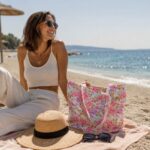 Κοπέλα στην παραλία με την υφασμάτινη floral tote bag JARDINA σε ροζ και λιλά αποχρώσεις