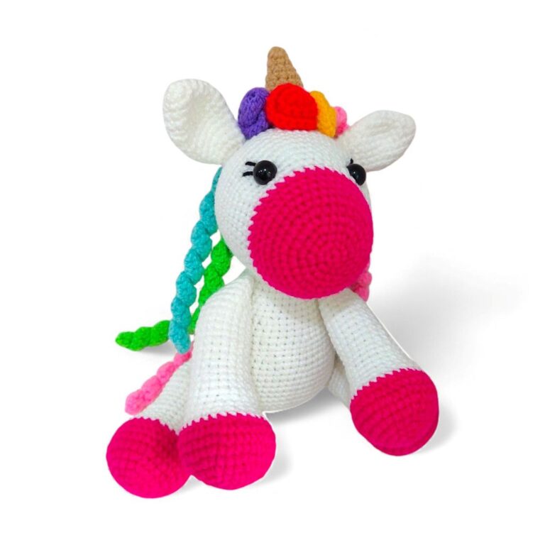 Χειροποίητος πλεκτός μονόκερος amigurumi FANTASIA με πολύχρωμη χαίτη
