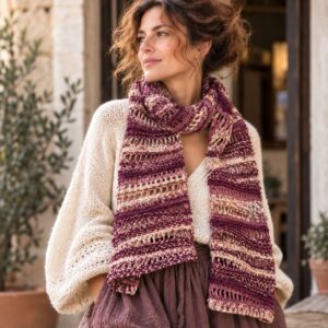 Πλεκτό μπορντό εκρού κασκόλ με βελονάκι SAMIRA σε boho look