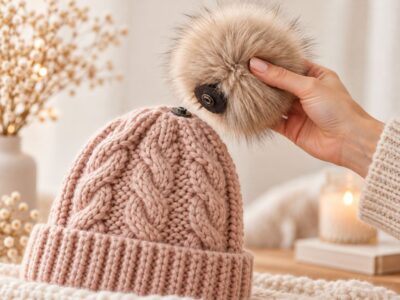 Πλεκτός σκούφος Beanie με αποσπώμενο γούνινο pom-pom που αφαιρείται πριν από το πλύσιμο.