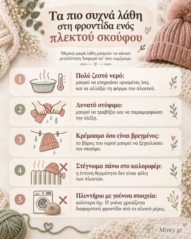 Infographic με τα πιο συχνά λάθη στη φροντίδα ενός πλεκτού σκούφου, όπως ζεστό νερό, δυνατό στύψιμο και στέγνωμα στο καλοριφέρ.
